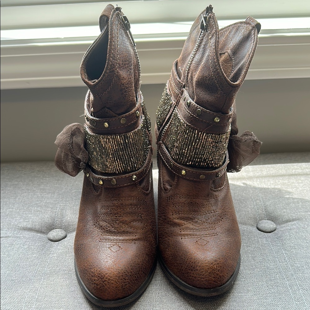 Brown Leather Ankle Boots with Embellishments